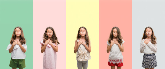 Collage of brunette hispanic girl wearing different outfits smiling with hands on chest with closed eyes and grateful gesture on face. Health concept.