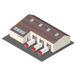 Isometric vector illustration of a warehouse with delivery trucks
Manufacturer storage distribution.
