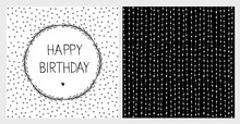 Cute Hand Drawn Birthday Vector Illustartions. Simple Black Infantile Design. Delicate Abstract Floral Graphic With Irregular Dots. Hand Written Letters. Happy Birhday Text.