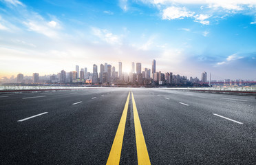 Sticker - The expressway and the modern city skyline are in Chongqing, China.