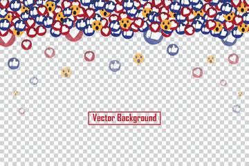 Social nets blue thumb up like and red heart floating web buttons isolated on transparent background. Like and heart icons for live stream video chat likes falling background vector design template