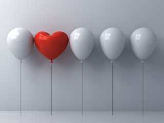 Aufkleber - Stand out from the crowd and different concept One red heart balloon different from other balloons on white wall background with reflections and shadows 3D rendering