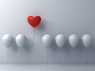 Aufkleber - Stand out from the crowd and different concept One red heart balloon flying away from other white balloons on white wall background with window reflections and shadows 3D rendering