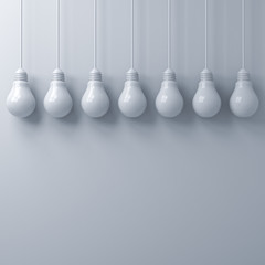 Leinwandbilder - White hanging light bulbs on white wall background with blank space for decoration 3D rendering
