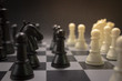 © Yuan - White and black chess battle on chess board pawn closeup.