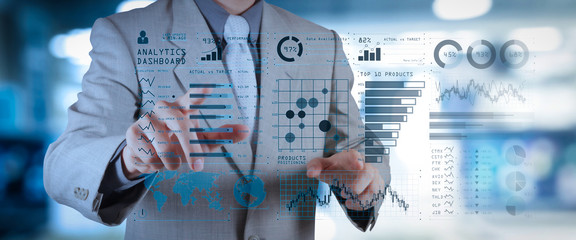 Poster - Intelligence (BI) and business analytics (BA) with key performance indicators (KPI) dashboard concept.business documents on office table with smart phone and digital tablet and graph 