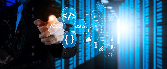 Fototapete - Coding software developer work with augmented reality dashboard computer icons of scrum agile development and code fork and versioning with responsive cybersecurity.Businessman working 