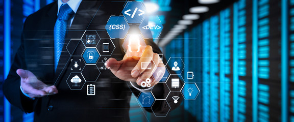 Fototapete - Coding software developer work with augmented reality dashboard computer icons of scrum agile development and code fork and versioning with responsive cybersecurity.Businessman working with wide VR
