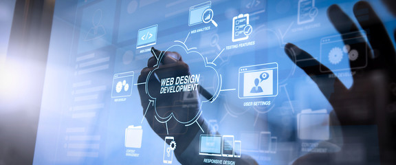 Poster - Developing programming and coding technologies with Website design in virtual diagram.cyber security internet and networking concept.Businessman hand working with VR screen.