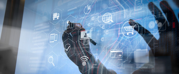 Poster - E-commerce concept with VR digital interface with icons of shopping cart and delivery truck and credit card with symbol of online purchase on internet.businessman success working 