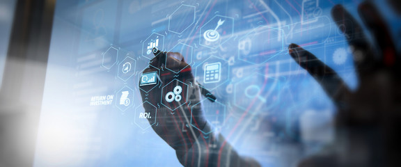 Wall Mural - roi return on investment indicator in virtual dashboard for improving business. double exposure of b