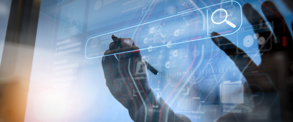 Aufkleber - Searching Browsing Internet Data Information Networking Concept with blank search bar.Designer Businessman hand using smart phone,mobile payments online shopping