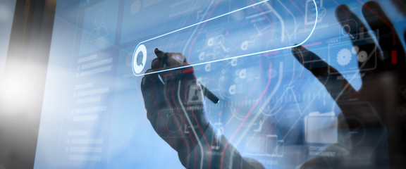 Aufkleber - Searching Browsing Internet Data Information Networking Concept with blank search bar.Designer Businessman hand using smart phone,mobile payments online shopping,omni channel,digital tablet docking.