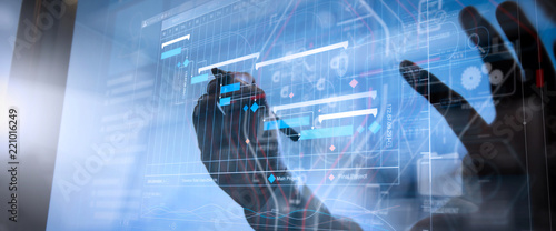 Cuadros en Lienzo Project manager working and update tasks with milestones progress planning and Gantt chart scheduling virtual diagram