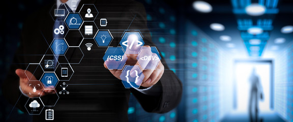 Coding software developer work with augmented reality dashboard computer icons of scrum agile development and code fork and versioning with responsive cybersecurity.Businessman working 