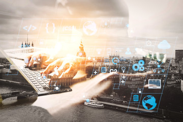 Double exposure,StartUp Programming Team. Website designer working digital tablet dock keyboard and computer laptop with smart phone and compact server