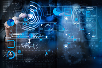 Poster - businessman hand working with modern technology and digital layer effect as business strategy concept