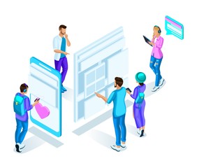 Wall Mural - isometrics teenagers, students, watch the schedule using gadgets online. modern bright design, quali