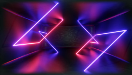 3d visualization. geometric figure in neon light against a dark tunnel. laser glow.