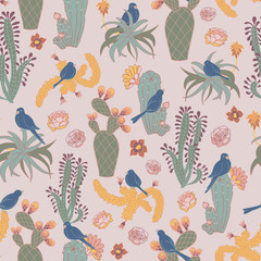 Naklejka na meble Vector pink blooming desert cactus with flowers, birds.  Perfect for fabric, scrapbooking, wallpaper projects.