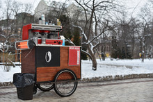Street Drinks And Coffee Cart On Wheels In Central Park Of New York In Winter In Bw Style