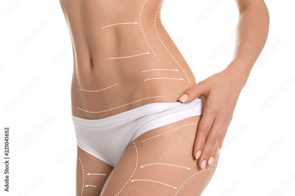 Young woman showing smooth silky skin after epilation on white background - obrazy, fototapety, plakaty 