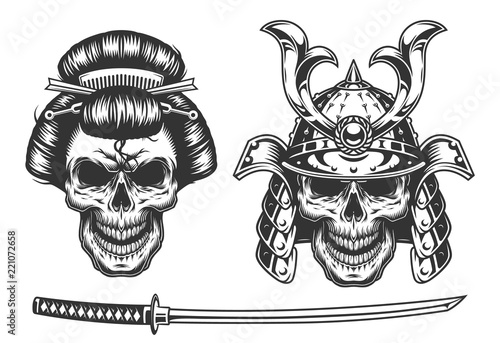 Geisha and samurai concept with skull