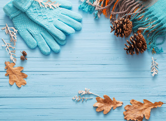 blue gloves and autumn leaves on wooden background