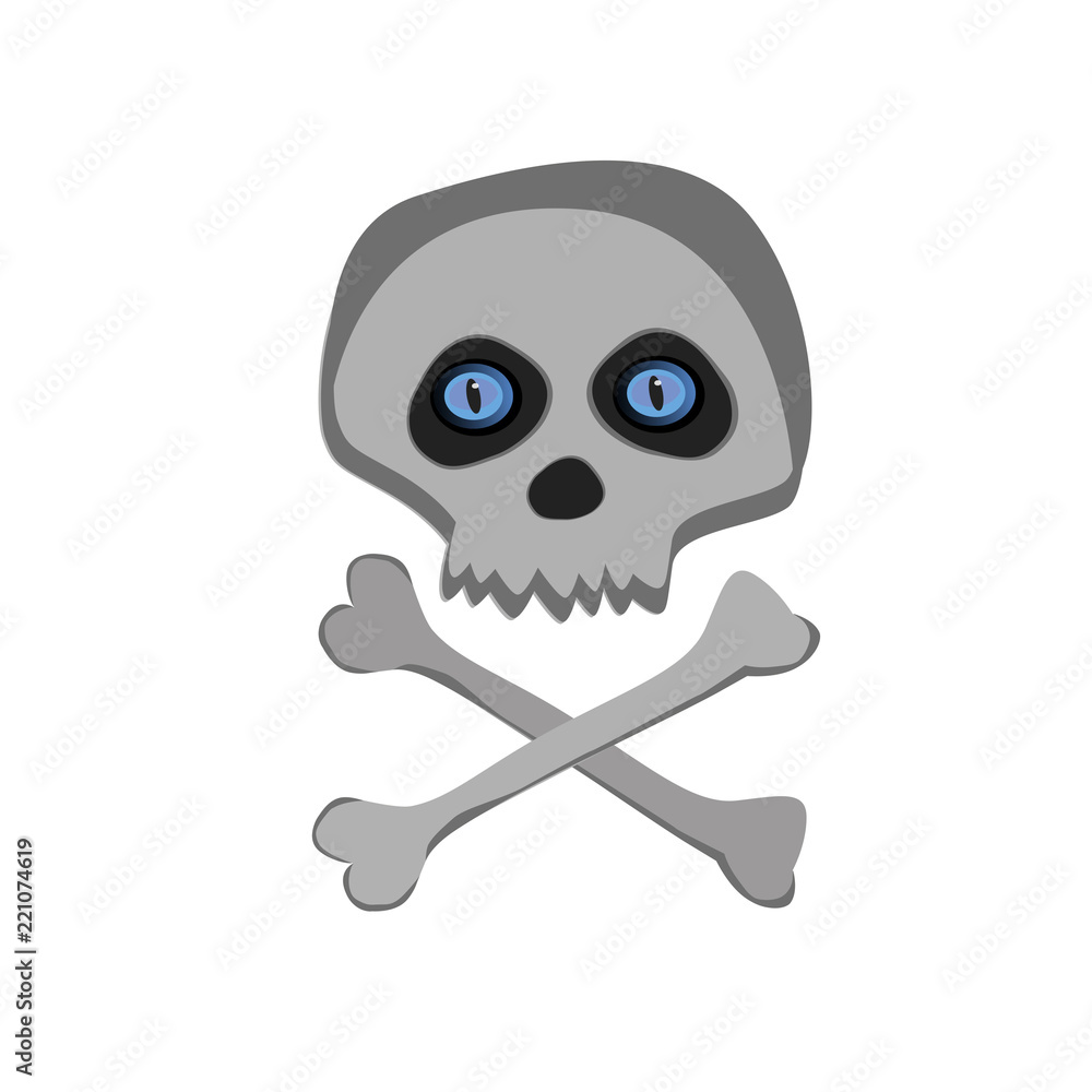 Vector cartoon skeleton scull with blue eyes isolated on white background.