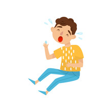 Loudly Crying Boy With Bandage On His Injured Finger. Little Kid Suffering From Pain. Flat Vector Design