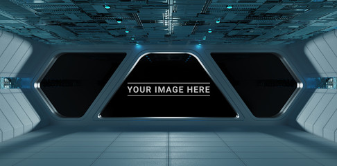 Poster - Blue spaceship interior control panel station 3D rendering