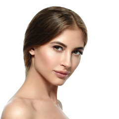 Wall Mural - Beautiful woman face with healthy skin and beauty eyes lips brunette