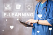 Doctor pushing button heart pulse E-Learning healthcare network on internet panel medicine.