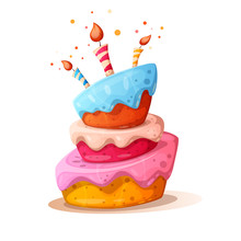 Cartoon Cake Illustration With Candle. Happy Birhday. Vector Eps 10