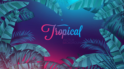 red blue neon light, trendy background with tropical vector plant and leaf
