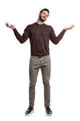 Wall Mural - A bearded man in casual clothes stands with both arms up and a questioning face expression.