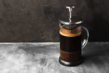 Coffee In French Press On Dark Background. Copy Space. Food Background