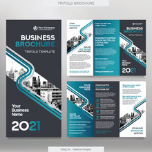 Business Brochure Template In Tri Fold Layout. Corporate Design Leaflet With Replacable Image.
