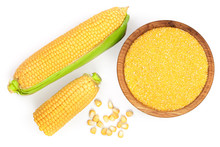 Corn Groats Or Cornmeal And Corncob Isolated On White Background. Top View. Flat Lay
