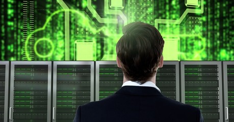 Poster - Businessman with computer servers and technology information