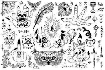 Wall Mural - Tattoo design set with gothic icons and mystic symbols on white. Esoteric, occult and Halloween concept with sacred geometry elements, graphic vector illustrations for music album cover, t-shirts