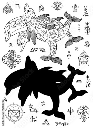 Design Set With Silhouettes Of Dolphins And Mystic Abstract - 
