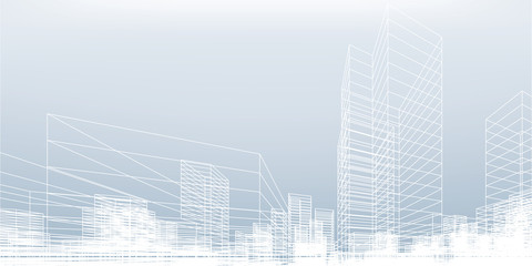 Wall Mural - Abstract wireframe city background. Perspective 3D render of building wireframe. Vector.