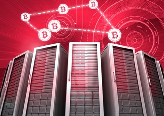 Wall Mural - Computer servers and bitcoin technology information interface