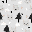 Seamless pattern of cute wolf and forest. For printing on fabric, paper. Children's book illustration. Scrawl.
