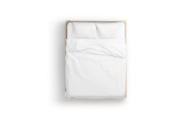 blank white bed mock up, top view isolated, 3d rendering. empty blanket and pillows mockup in bedste