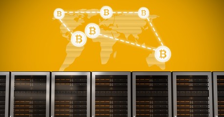 Wall Mural - Computer servers and bitcoin technology information interface