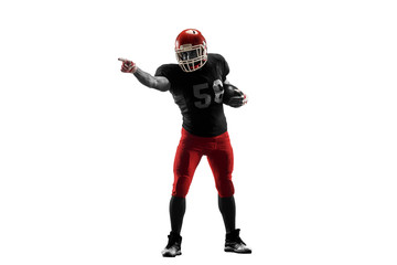 Wall Mural - Active one american football player isolated on white background. Fit caucasian man in uniform posing over studio background. Human emotions and facial expressions concept