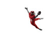 © master1305 - Active one american football player isolated on white background. Fit caucasian man in uniform jumping over studio background in jump or motion. Human emotions and facial expressions concept