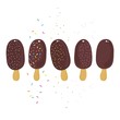 lody na patyku w polewie czekoladowej z kolorową posypką i orzechami równy rząd lato ilustracja na białym tle z kolorowymi elementami